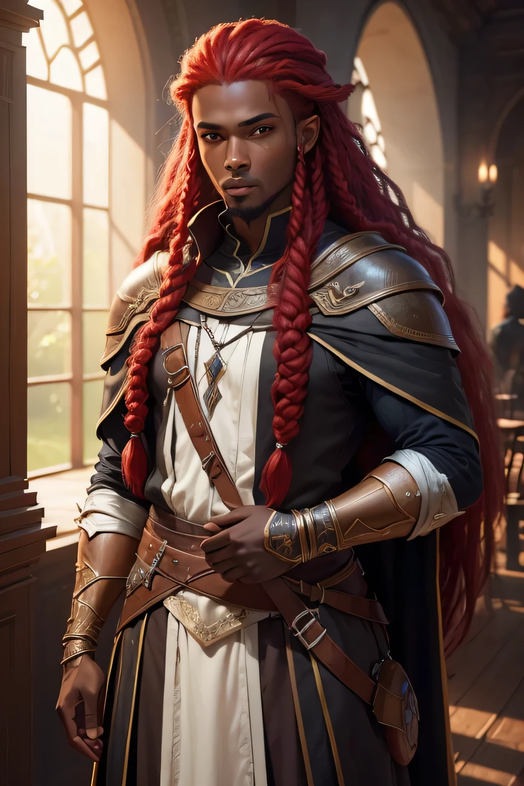 ((best qualityer)), ((work of art)), (detailded), 8K, 4K, hight contrast, work of art, 1 fantasy adventurer ,darkskin,long red hair , similar to the works of JRR Tolkien, clear lighting, detailed shadows 
