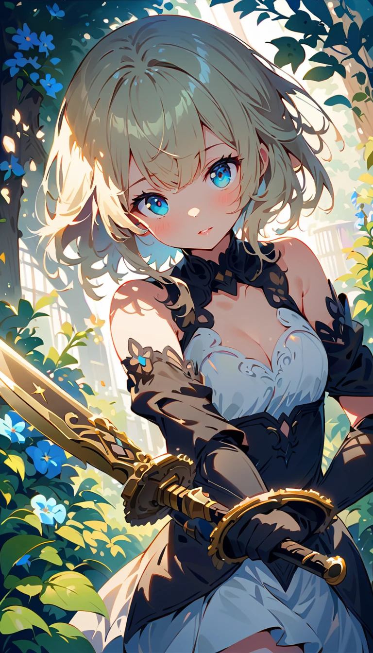 Automata启发, NeilAutomata角色, Neil:Automata cosplay, (high resolution,4K,best quality) A man in black、Girl holding a sword, Inspired by Nia : Automata. This girl has a pair of beautiful and delicate eyes, Beautiful and delicate lips, And a very delicate face with long eyelashes. 她站在Bright colors、In the blooming garden. The garden is illuminated by soft natural light, Create a tranquil atmosphere. Girl's black costume made of shiny leather material, Make it look stylish and futuristic. She holds a silver sword, Reflecting sunlight. The sword's blade is engraved with intricate detail, Demonstrate craftsmanship. The girl's hair fluttered in the wind, Adding movement to the scene. 整体图像lifelike、lifelike, Clear focus,Bright colors, Enhance visual impact. This artwork captures the essence of NIAA : Automata, Paying tribute to its iconic character 2b.