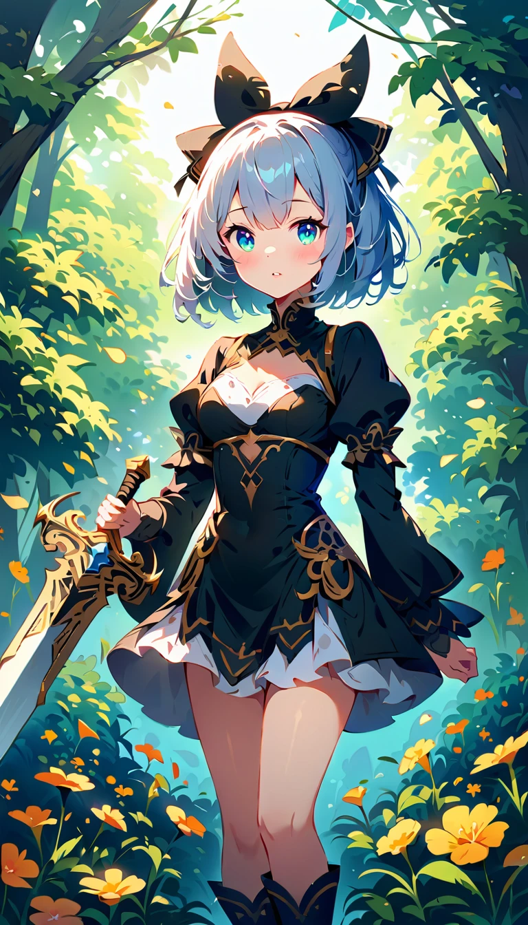 ((extreme detail)),(ultra-detailed),extremely detailed CG unity 8k wallpaper, best quality, masterpiece, 1girl, short hair, white hair, blue eyes, hip wings, strapless dress, crown, holding polearm, detached sleeves, choker, armored thigh boots, feather hair buns, apple, bug, butterfly, grass, hydrangea, leaf, mushroom, nature, plant, looking away, looking up, from above,<lora:OdinSphereStylev2:0.7>odinspherestyle,