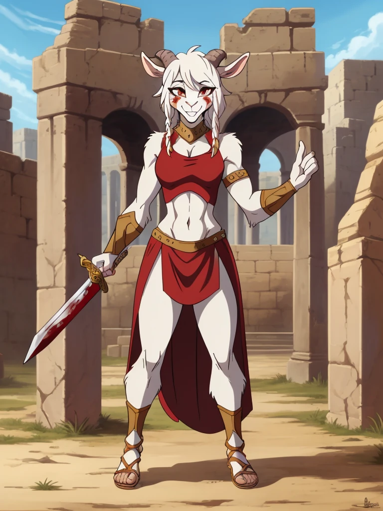 1girl, furry, furry_female, goat_ears, goat_girl, smile, solo, wearing armor, gladiator flat sandals, gladiator skirt, humanoid feet, holding sword, nosebleed,bloody nose