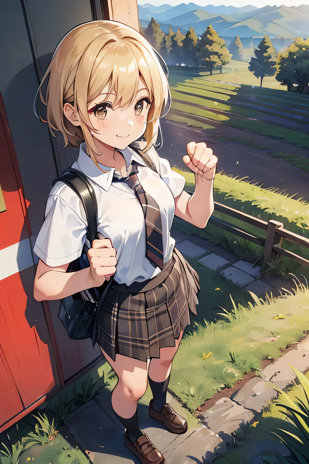 ((Highest quality, 4K, masterpiece: 1.3)), ((High Resolution)),((It's wonderful)),((Japan countryside:1.2)),((Japan countryside:1.2)),((Japan countryside:1.2)),((Japan countryside:1.2)),((Japanese mountain trails and rice terraces:1.2)),((Standing at the bus stop:1.2)),((Standing at the bus stop:1.2)),(Do not split frames),(Do not split),(Do not split),(sunset:1.2),(sunset:1.2),(sunset:1.2),(sunset:1.2),(One woman:1.8),(One woman:1.8),(One woman:1.8),(One woman:1.8),(One woman:1.8),((dutch angle shot:1.2)),((dutch angle shot:1.2)),((medium wide shot:1.2)),((medium wide shot:1.2)),((medium wide shot:1.2)),((upper body shot:1.2)),((upper body shot:1.2)),((upper body shot:1.2)),((upper body shot:1.2)),((shoot from above:1.2)),((shoot from above:1.2)),((school uniform, short sleeve shirt:1.2)),((school uniform, short sleeve shirt:1.2)),((school uniform, short sleeve shirt:1.2)),(tie:1.4),(tie:1.4),(tie:1.4),((Fluttering checkered skirt:1.2)),((Fluttering checkered skirt:1.2)),((Fluttering checkered skirt:1.2)),((Black ankle socks:1.3)),((Black ankle socks:1.3)),((Black ankle socks:1.3)),((Trekking shoes:1.2)),(School Bags),(School Bags),(School Bags),(School Bags),((Stand with your feet shoulder-width apart and your knees slightly bent:1.2)),((Stand with your feet shoulder-width apart and your knees slightly bent:1.2)),((Stand with your feet shoulder-width apart and your knees slightly bent:1.2)),((Stand with your feet shoulder-width apart and your knees slightly bent:1.2)),((Stand with your feet shoulder-width apart and your knees slightly bent:1.2)),((face focus:1.4)),((face focus:1.4)),((face focus:1.4)),((face focus:1.4)),((model posing:1.2)),((model posing:1.2)),((model posing:1.2)),((model posing:1.2)),((model posing:1.2)),((model posing:1.2)),(A cool expression in the wind:1.2),(A cool expression in the wind:1.2),(A cool expression in the wind:1.2),((A big smile:1.2)),((A big smile:1.2)),((fist bump:1.4)),((fist bump:1.4)),((fist bump:1.4)),(shoot from side),((Light brown eyes:1.2)),((Light brown eyes:1.2)),((Beautiful highlighted eyes)),((Light brown eyes:1.2)),((Light brown eyes:1.2)),((Beautiful highlighted eyes)),((Light brown eyes:1.2)),((Beautiful highlighted eyes)),((Light brown eyes:1.2)),((Shiny black hair:1.4)),((Shiny black hair:1.4)),((Shiny black hair:1.4)),((Fluffy short bob:1.2)),((Fluffy short bob:1.2)),((Fluffy short bob:1.2)),((Fluffy short bob:1.2)),((Parted bangs)),((Parted bangs)),(Beautiful breasts),Japanese women, 14 years old gravure photo, High Contrast, Aperture F3.2, Focal length 100mm, (((peace sign))),wakame, wakame, wakame, wakame, wakame, wakame, wakame, wakame, wakame, wakame, wakame, wakame, wakame, wakame, wakame, wakame, wakame, wakame, wakame, wakame, wakame, wakame, wakame, wakame, wakame 
