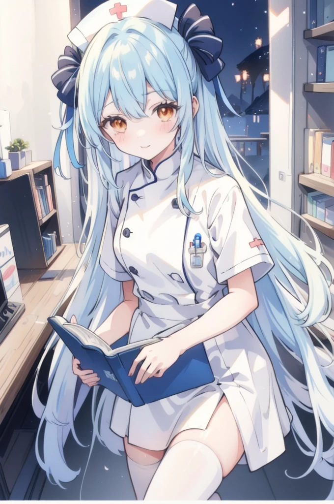 ((masterpiece)), ((Highest quality)), (anime:1.4), (Super detailed:1.2), (High resolution:1.3), (Professional photography:1.3), (Wide Shot), (Sharp focus), (Perfect light), (()), 1 Girl, alone, bandage, cross bandage, ((Reading books)), white hair, Orange eyes, Round eyes, Crazy Smile, shy, nurse cap, (nurse uniform), Cross decoration, nurse, Tsundere face, syringe, medicine, white, cute, cute colors,cute,❤️🖤💗💔, 8K, ((jirai fashion)), At the general hospital,With eyes wide open、Scary atmosphere、Distorted facial expressions、Twisted smile、