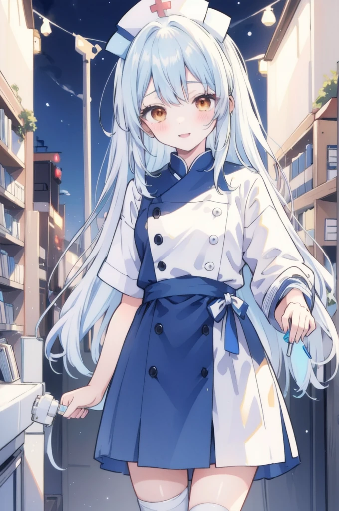 ((masterpiece)), ((Highest quality)), (anime:1.4), (Super detailed:1.2), (High resolution:1.3), (Professional photography:1.3), (Wide Shot), (Sharp focus), (Perfect light), ((12 years old)), 1 Girl, alone, bandage, cross bandage, ((Reading books)), white hair, Orange eyes, Round eyes, Crazy Smile, shy, nurse cap, (nurse uniform), Cross decoration, nurse, Tsundere face, syringe, medicine, white, cute, cute colors,cute,❤️🖤💗💔, 8K, ((jirai fashion)), At the general hospital,With eyes wide open、Scary atmosphere、Distorted facial expressions、Twisted smile、