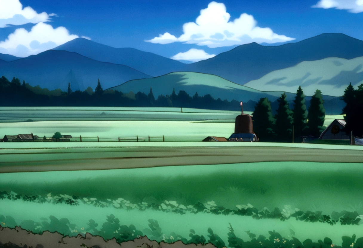 DVD screengrab from studio ghibli movie, (beautiful mountainside farm:1.4), clouds on blue sky, designed by Hayao Miyazaki, retro anime