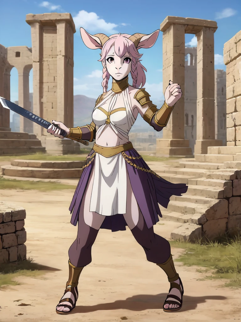 1girl, furry, furry_female, goat_ears, goat_girl, solo, wearing roman armor, gladiator flat sandals, gladiator skirt, holding sword