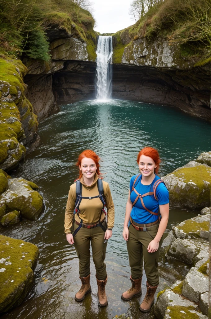 chris Eclear waterfall and Poole from 35 feet high Irish Vibrant red hair girl "She's very tall In a Hiking pants and top in the colour of Brown khaki Gear," Standing knee high" Blue in water of crystal blue colour with two white little dogs Give this picture an Irish feel of an Irish countryside