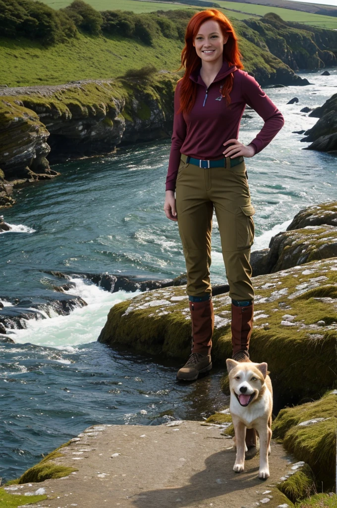 chris Eclear waterfall and Poole from 35 feet high Irish Vibrant red hair girl "She's very tall In a Hiking pants and top in the colour of Brown khaki Gear," Standing knee high" Blue in water of crystal blue colour with two white little dogs Give this picture an Irish feel of an Irish countryside