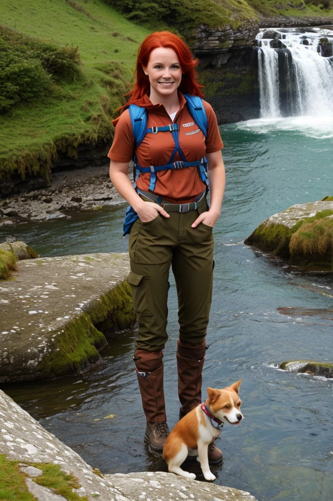 chris Eclear waterfall and Poole from 35 feet high Irish Vibrant red hair girl "She's very tall In a Hiking pants and top in the colour of Brown khaki Gear," Standing knee high" Blue in water of crystal blue colour with two white little dogs Give this picture an Irish feel of an Irish countryside