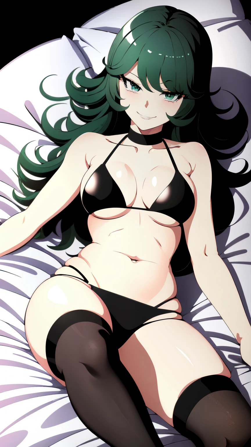 young age tatsumaki laying on white bed, wearing black bikini, wearing black thigh high socks, cute smile