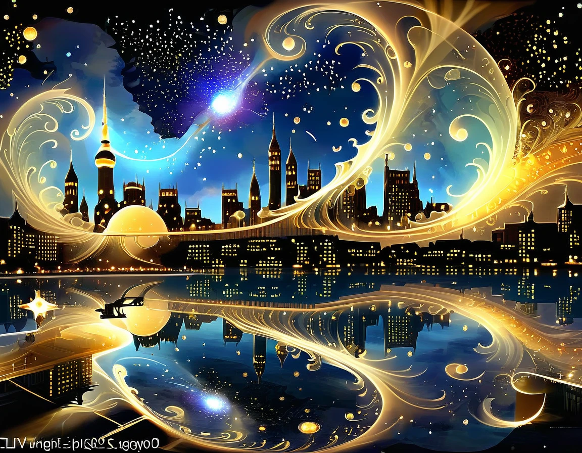 A dreamlike cityscape where the buildings and surroundings are intricately detailed using Mandelbrot's fractal patterns. The stars twinkle with mathematical precision.