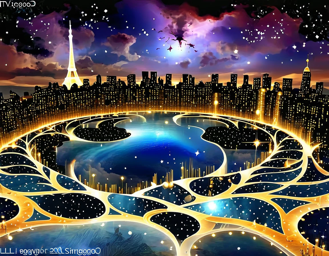 A dreamlike cityscape where the buildings and surroundings are intricately detailed using Mandelbrot's fractal patterns. The stars twinkle with mathematical precision.