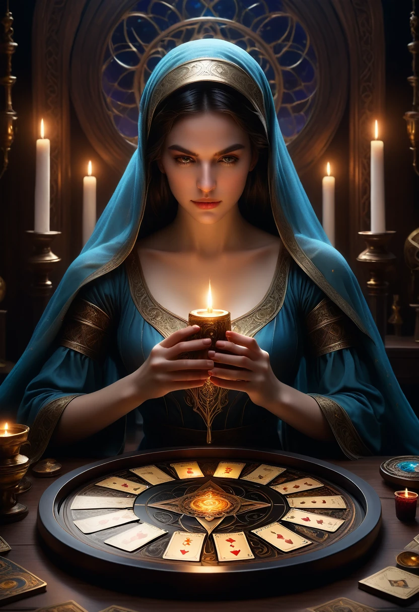 ((Masterpiece in maximum 16K resolution):1.6),((soft_Color_photography:)1.5), ((ultra-detailed):1.4),((Film-like still images and dynamic angles):1.3). | (Macro cinematographic photo of tarot cards on tarot table), (fortune teller reading tarot cards), (fortune teller's room), (macro lens), (fortune teller's decorations), (dark candles), (luminous object), (mysterious atmosphere), (glow), (aesthetic DnD vessel), (visual experience),(Realism), (realistic), award-winning graphics, dark shot, film grain, extremely detailed, digital art, rtx, unreal engine, scene concept anti-reflective effect, All captured in sharp focus. | Rendered in ultra-high definition with UHD and retina quality, this masterpiece ensures anatomical correctness and textured skin with super detail. With a focus on high quality and precision, this award-winning portrait captures every nuance in stunning 16k resolution, immersing viewers in its realistic representation. | ((perfect_composition, perfect_design, perfect_layout, perfect_detail, ultra_detailed)), ((enhance_ALL, fix_everything)), More detail, enhance.