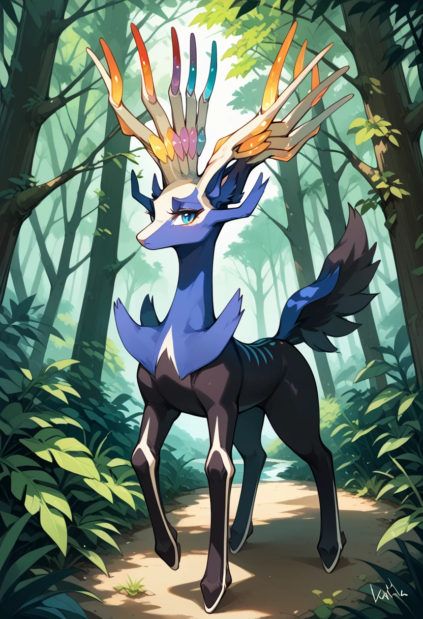 score_9, score_8_up, score_7_up, solo, Xerneas, (close-up), forest, nature, deer, stunning scenery, full body, looking at the viewer