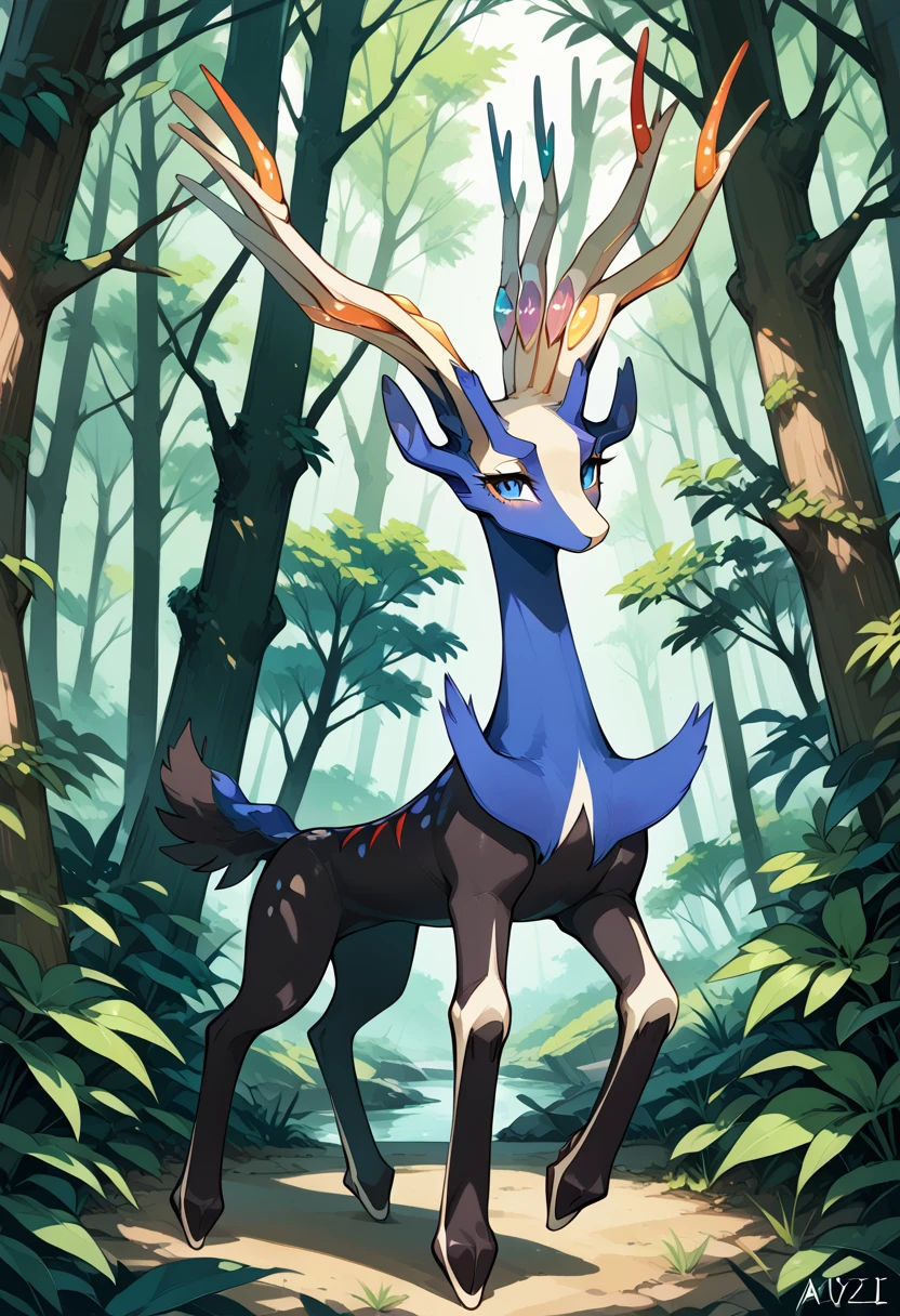 score_9, score_8_up, score_7_up, solo, Xerneas, (close-up), forest, nature, deer, stunning scenery, full body, looking at the viewer