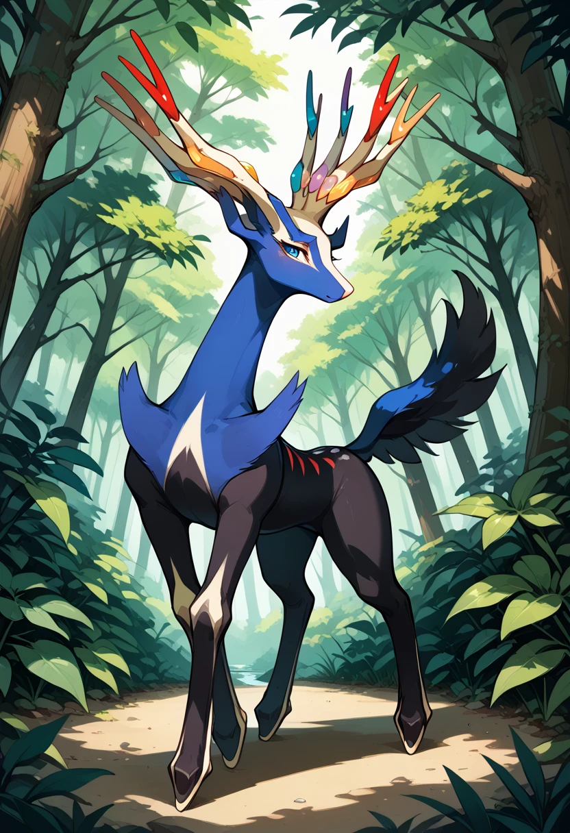score_9, score_8_up, score_7_up, solo, Xerneas, (close-up), forest, nature, deer, stunning scenery, full body, looking at the viewer