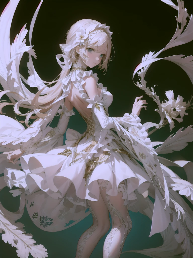 (((((カメラを見る)))))、bones carving skin, bones, pale skin, bone hair ornament, monster girl, skeleton,, ultra detailed, masterpiece, best quality,, solo, soft smile, light smile,
1girl, blue eyes, very long hair, blonde hair, long blonde hair, french braid, bangs, medium breasts,, hair ribbon, frilled choker, criss-cross halter, sleeveless dress, high-waist skirt, backless dress, waist bow, detached sleeves, frilled sleeves, wide sleeves, pantyhose, patterned legwear, mary janes,