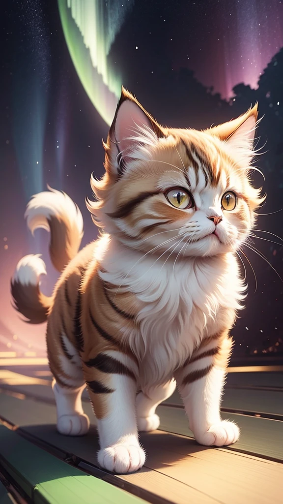 Cute Persian cat, illustration, No background, Japanese cartoons,Calico cat walking in the aurora
