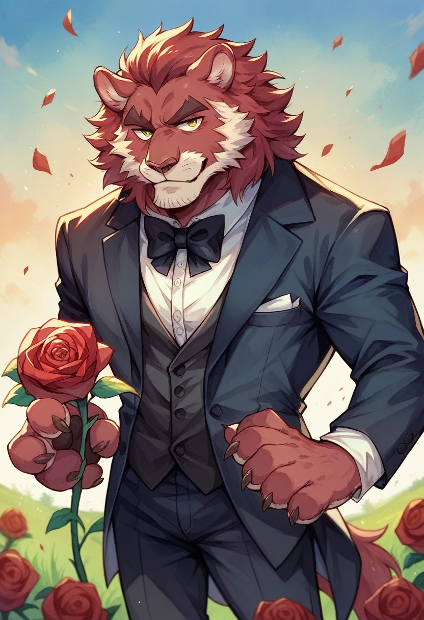 Watercolor elements, 1 boy, Beast field, hairy, Delicate body hair, Animal Face, Animal hands, Handsome boy in tuxedo holding a red rose and looking at the viewer,