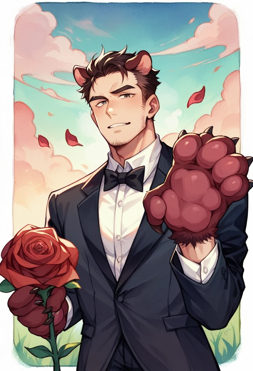 Watercolor elements, 1 boy, Beast field, hairy, Delicate body hair, Animal Face, Animal hands, Handsome boy in tuxedo holding a red rose and looking at the viewer,