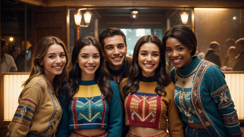 a group of five happy american people, smiling, standing together, positive vibes, cheerful expressions, warm lighting, vibrant colors, detailed faces, intricate clothing, photorealistic, 8k, cinematic, dramatic lighting, cinematic composition