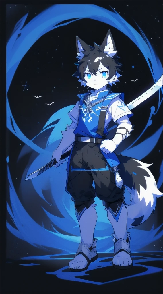 White Wolf,black hair,Sky blue eyes,hairy,Wolf ears,Wolf tail,Full body portrait,The character is in the center of the frame,Handsome,Confident eyes,male,juvenile,Black and white combat uniform,Red neck bib,Black shorts,Short sleeve,hairy arms and legs,Dark background,Dark battlefield,dawn,sunrise,dawn,illumination,shadow,Swordsman,Scabbard and sword,Hold the hilt of a sword in your hand,The scabbard is at the waist,Highest quality