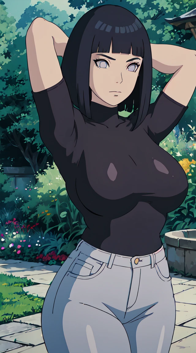 Masterpiece, stunning realistic, best quality, sharpness, 1 girl,closeup, onlyupperbody, (arms behind head:1.2) Black hair,purple eyes,ir,bobcut,red eyes,standing in a garden,sexy body,curvy body,huge breasts,whitout clothes,skinny jeans,studio Ghibli style Lora,long hair