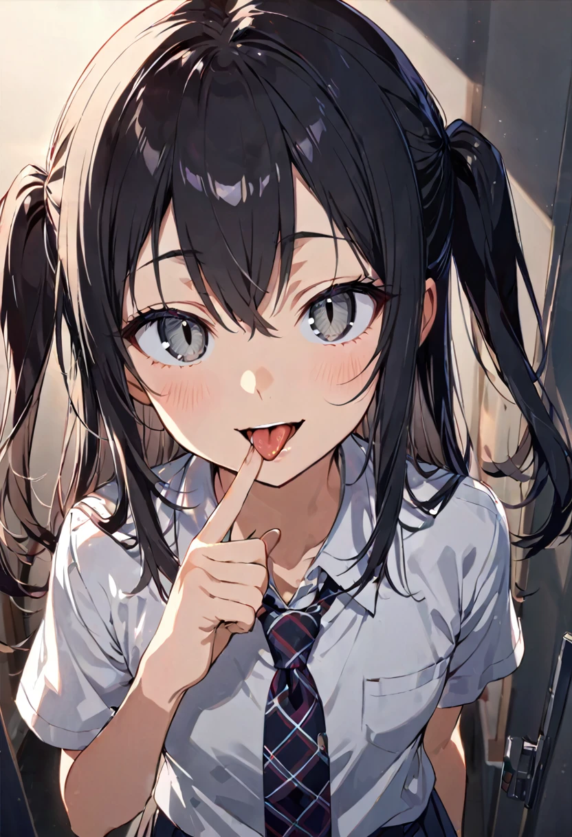 from above,face focus,open mouth,tongue out,cum on tongue,Hands under the chin,finger to mouth,lick,(1girl,Beautiful 16 year old girl),((Slender,Baby Face,Small face)),looking at viewer,looking ahead,look up,Black Hair,two side up,Gray Eyes,Drooping eyes,slit pupils,narrow eyes,student,uniform,shirt,Checked tie,Beautiful and detailed anime art,Mischievous smile,Dimly lit room,Simple Background,Gray background,Low lighting