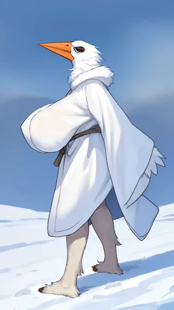 By bebebebebe, by lostgoose, by goonie-san, thin 20 foot tall humanoid creature, ((long white flowing yeti robe, bird stork mask, long white beak, long flowing plumage)), standing on a snowy plateau, on a snow-covered a siberian mountain, arctic, cryptozoology, overcast, moody, horror,big booty