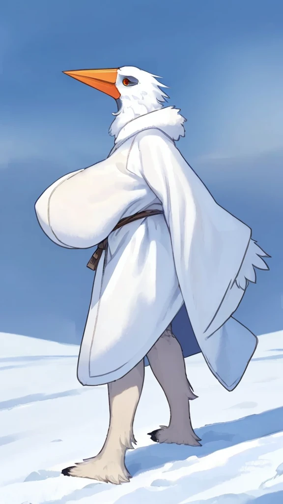 By bebebebebe, by lostgoose, by goonie-san, thin 20 foot tall humanoid creature, ((long white flowing yeti robe, bird stork mask, long white beak, long flowing plumage)), standing on a snowy plateau, on a snow-covered a siberian mountain, arctic, cryptozoology, overcast, moody, horror,big booty