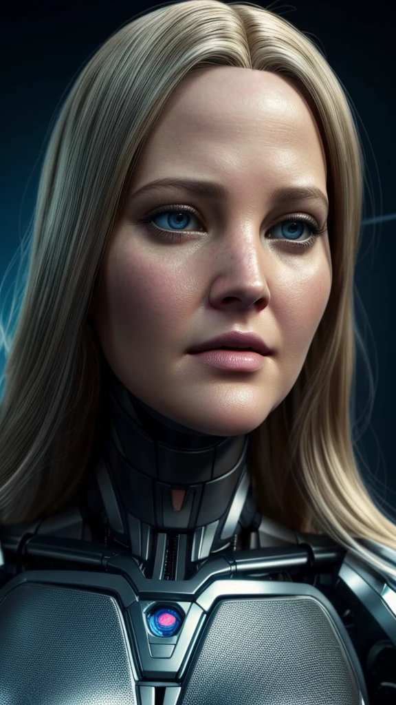 Face mix of Drew Barrymore and Jennifer Lawrence, Beautiful female humanoid robot , Full body Closeup shot, bionic eyes, futuristic background, hyper realistic synthetic skin of humanoid robot, very high quality and fantastic details with digital background , cinematic colour grading, cinematic view,  movie scene stills, 