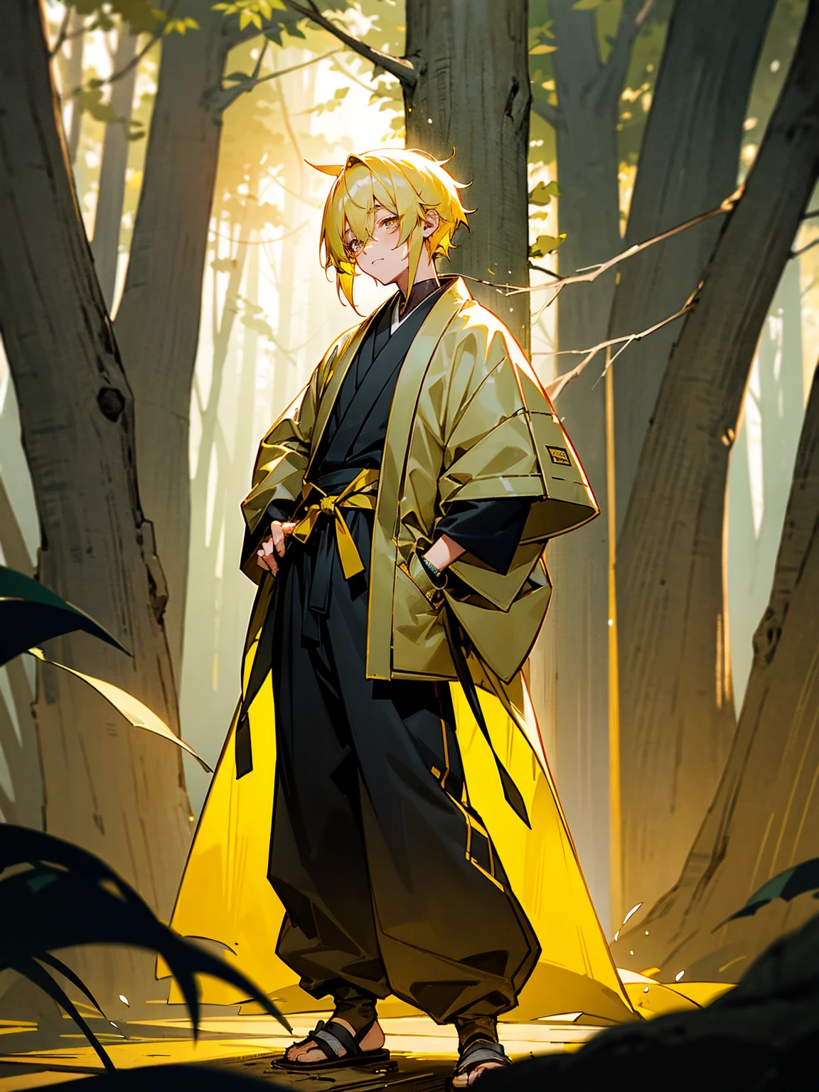 1male, black and yellow hair, two toned hair, young, yukata, lightning haori, sleepy expression gold eyes, forest, standing on path, perfect lighting, black baggy pants