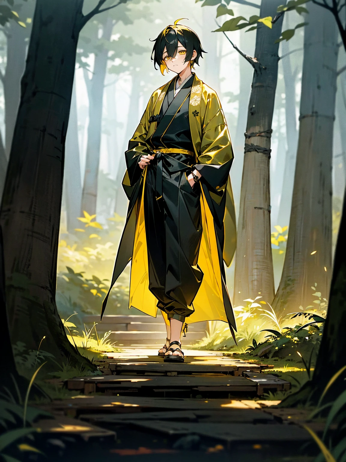 1male, black and yellow hair, two toned hair, young, yukata, lightning haori, sleepy expression gold eyes, forest, standing on path, perfect lighting, black baggy pants