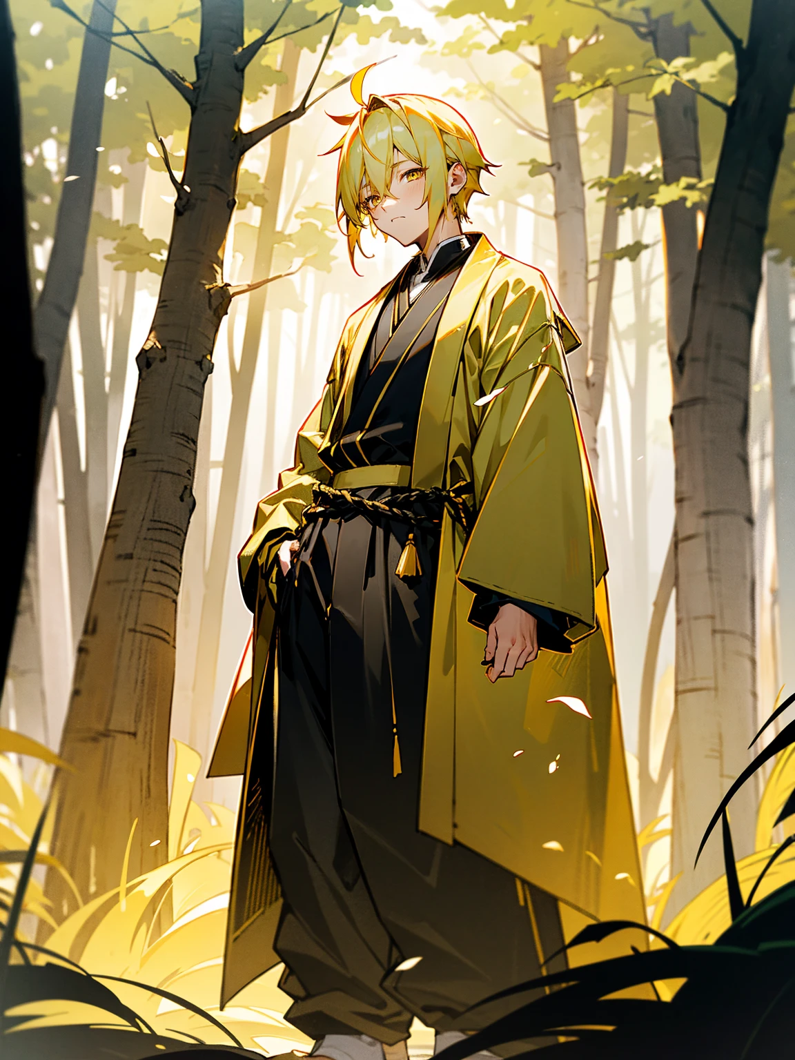 1male, black and yellow hair, two toned hair, young, yukata, lightning haori, sleepy expression gold eyes, forest, standing on path, perfect lighting, black baggy pants