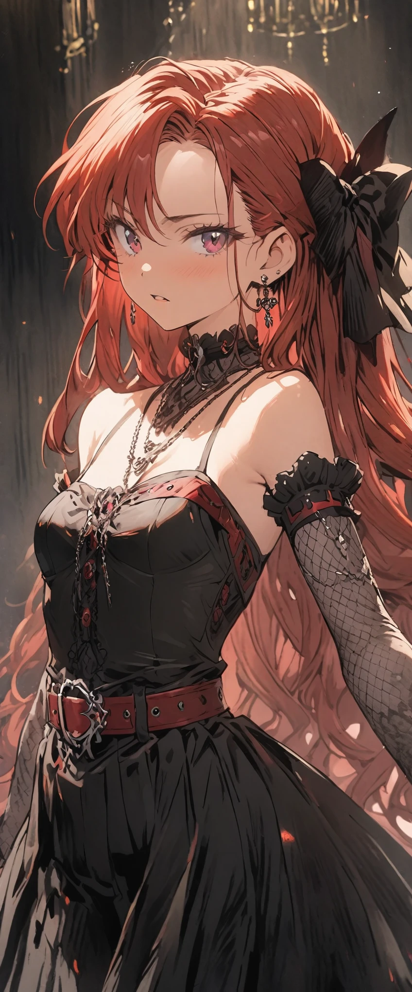 Hidden Contempt Elegant appearance Small breasts Lori Red hair middle confidence excellent Girl Belt on torso Japanese anime hand drawn illustration Gothic