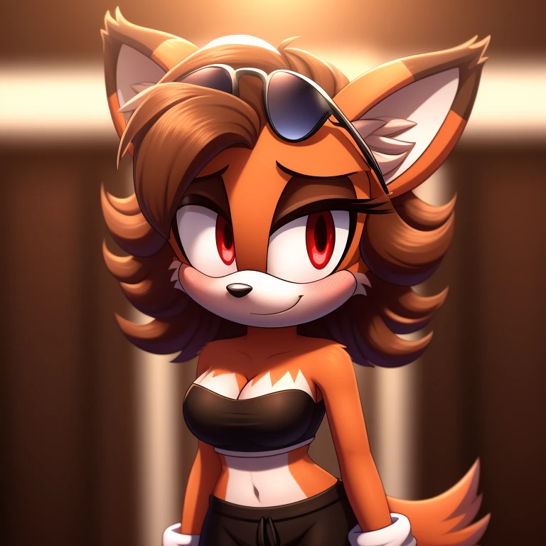 mobian, solo, hedgehog, two-tone fur ((orange fur, brown fur)), strapless crop top, baggy pants, cleavage, two-tone hair (brown hair, black tip)), curly hair, halo, sunglasses, jewelry, red eyes, longeyelashes, red eyes, smile, shy, blush,  framed, stereogram, image fill, viewfinder, depth of field, high details, high detail, masterpiece, UHD, anatomically correct, super detail, highres, 4K