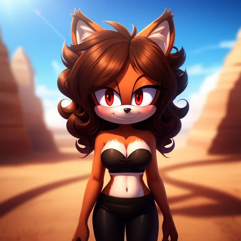 mobian, solo, hedgehog, two-tone fur ((orange fur, brown fur)), strapless crop top, baggy pants, cleavage, two-tone hair (brown hair, black tip)), curly hair, halo, sunglasses, jewelry, red eyes, longeyelashes, red eyes, smile, shy, blush,  framed, stereogram, image fill, viewfinder, depth of field, high details, high detail, masterpiece, UHD, anatomically correct, super detail, highres, 4K