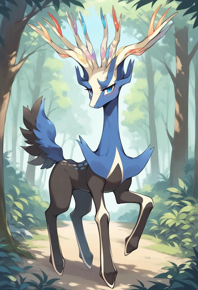score_9, score_8_up, score_7_up, solo, Xerneas, (close-up), forest, nature, deer, stunning scenery, full body, looking at the viewer