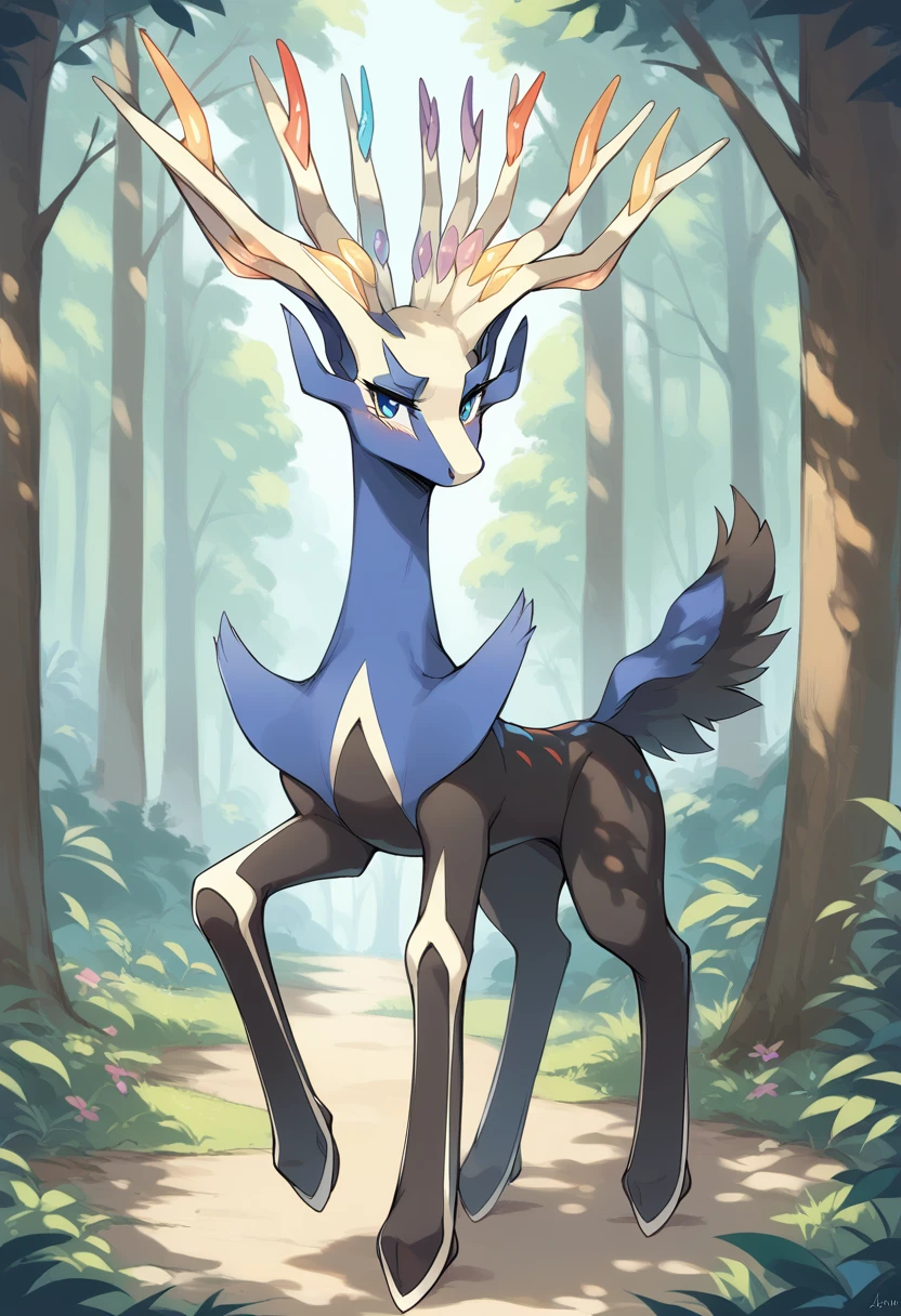 score_9, score_8_up, score_7_up, solo, Xerneas, (close-up), forest, nature, deer, stunning scenery, full body, looking at the viewer