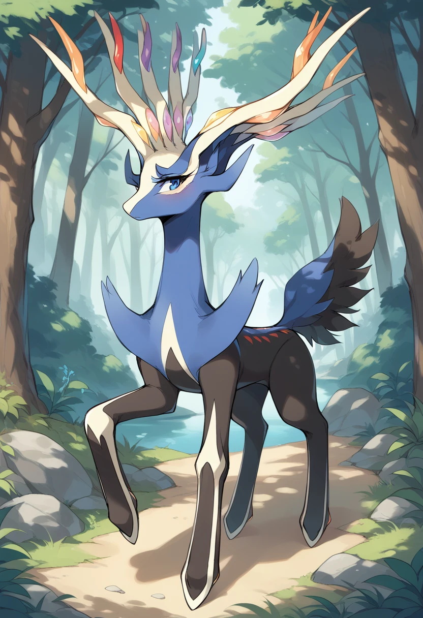 score_9, score_8_up, score_7_up, solo, Xerneas, (close-up), forest, nature, deer, stunning scenery, full body, looking at the viewer
