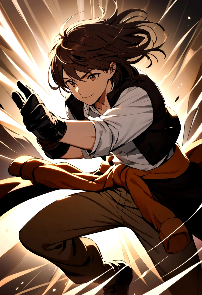 boy, neat hair medium length hair, dark brown hair, eyes browns, Simple smile, white shirt, jacket around the waist, Brown pants, black fighting gloves, lot of details.