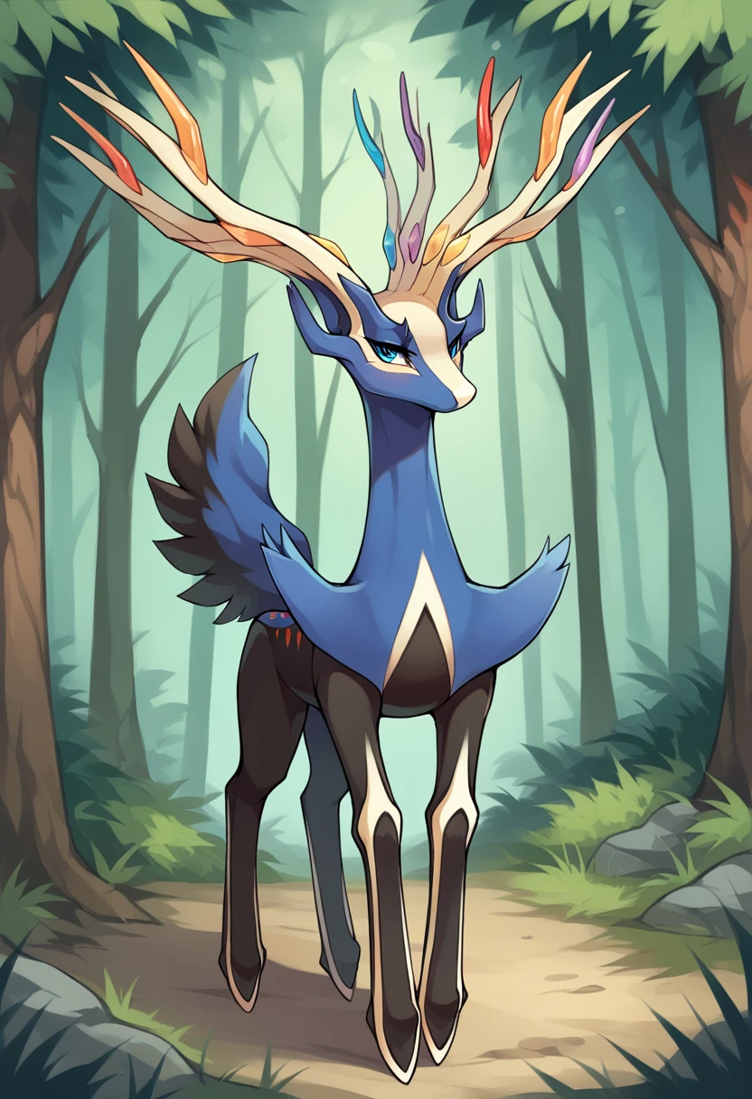 score_9, score_8_up, score_7_up, solo, Xerneas, (close-up), forest, nature, deer, stunning scenery, full body, looking at the viewer