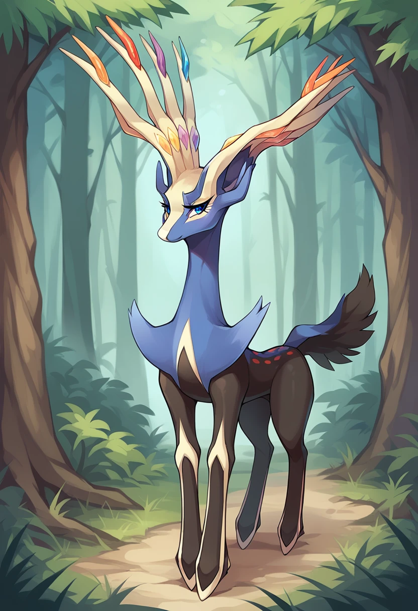 score_9, score_8_up, score_7_up, solo, Xerneas, (close-up), forest, nature, deer, stunning scenery, full body, looking at the viewer