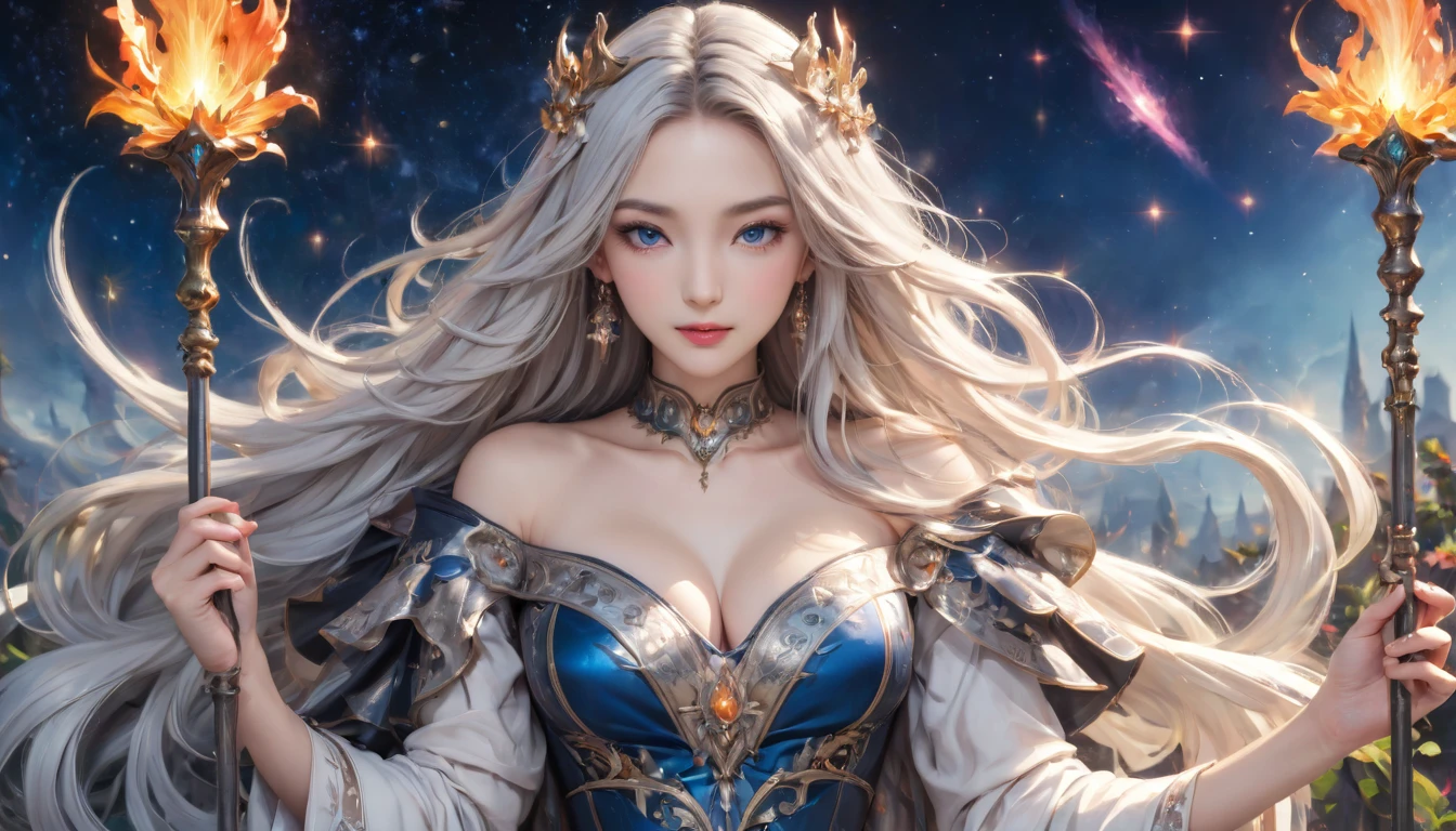 8K resolution, masterpiece, Highest quality, Award-winning works, unrealistic, From above, erotic, sole sexy lady, healthy shaped body, 22 years old, black mage, 165cm tall, huge firm bouncing busts,, white silver long wavy hair, Detailed facial depictions, Mysterious blue eyes, Standard nose, Eyeliner, pink lips, sexy long legs, big breast, Clear skin, holy knight, Gothic ruffle long dress, A dress with a complex structure, Seven-colored colorful dress, Clothed in flames, royal coat of arms, elegant, Very detailed, Delicate depiction of hair, miniature painting, Digital Painting, artstation concept art, Smooth, Sharp focus, shape, Art Jam、Greg Rutkowski、Alphonse Mucha's、William Adolphe Bouguereau、art:Stephanie Law , Royal Jewel, nature, Symmetric, Greg Rutkowski, Charlie Bowwater, Unreal, surreal, Dynamic Lighting, Fantasy art, Complex colors, Colorful magic circle, flash, dynamic sexy poses, A kind smile, Mysterious Background, Aura, A gentle gaze, Small faint lights and flying fireflies, night, lanthanum, From above, looking down on the world below, Starry Sky, milky way, nebula, shooting star
