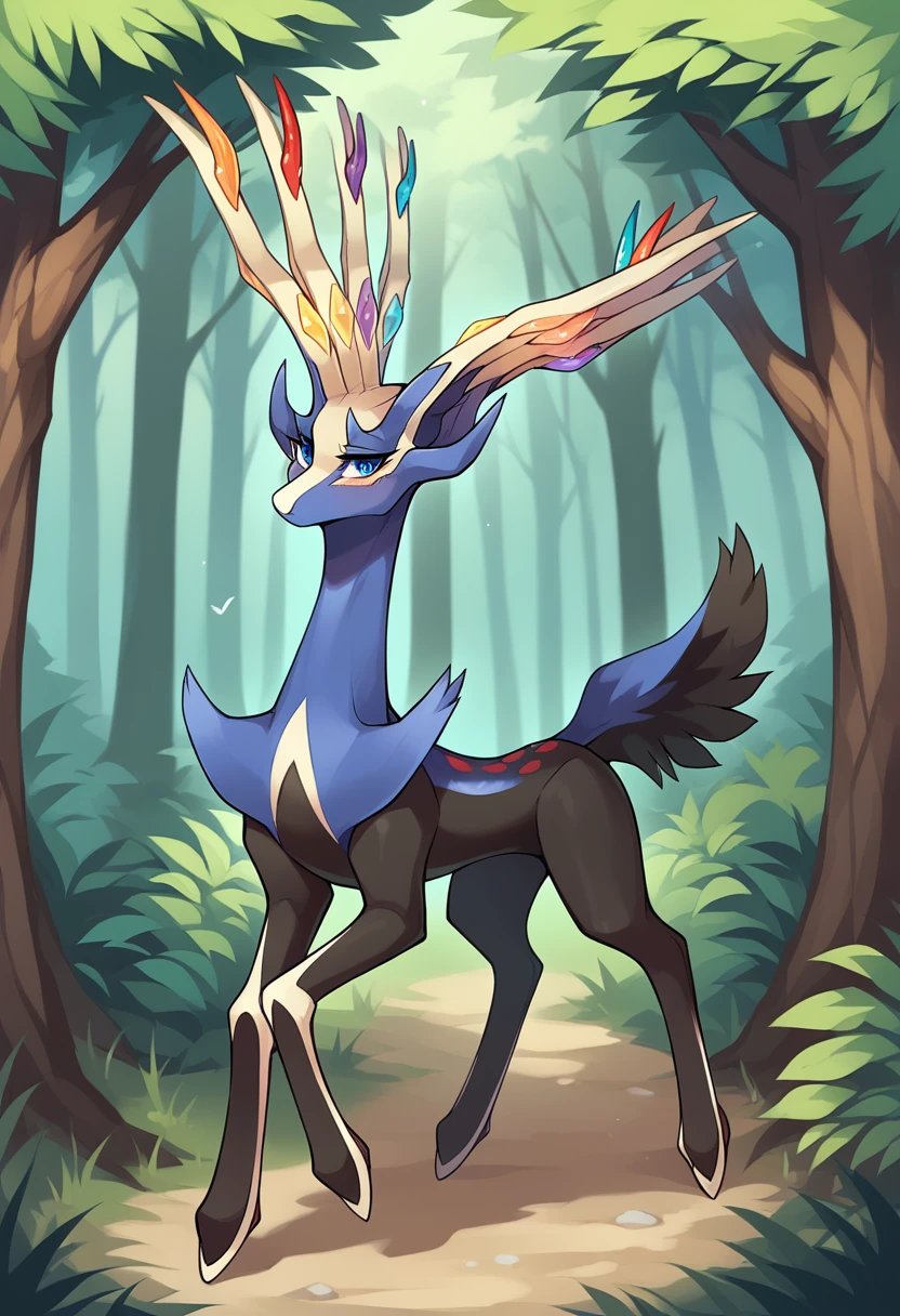score_9, score_8_up, score_7_up, solo, Xerneas, (close-up), forest, nature, deer, stunning scenery, full body, looking at the viewer