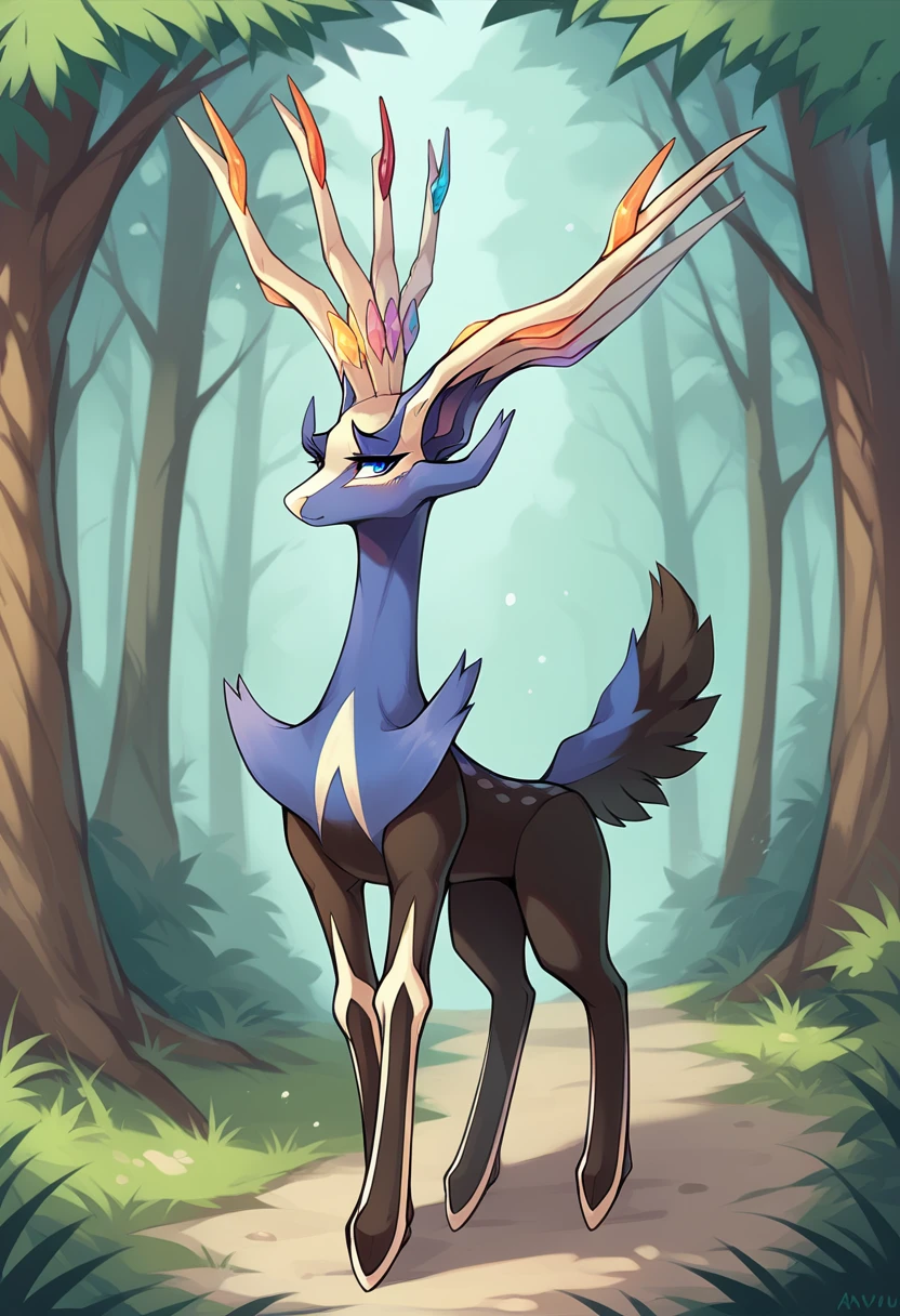 score_9, score_8_up, score_7_up, solo, Xerneas, (close-up), forest, nature, deer, stunning scenery, full body, looking at the viewer