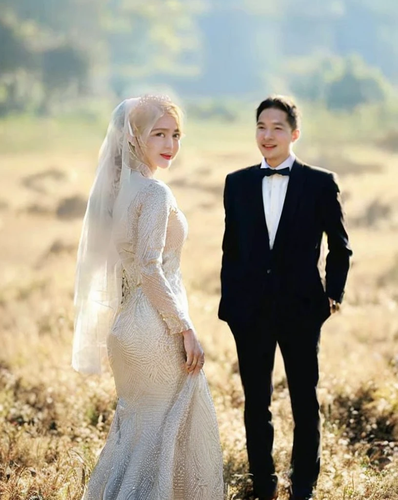 a man and woman in a tuxedo standing in a field, bride and groom, lovely couple, wedding photo, happy couple, luxurious wedding, couple, wedding, couple pose, during sunset, instagram post, by Basuki Abdullah, in the background, wedding dress, formal attire, wearing a wedding dress, white hijab, groom, background is heavenly