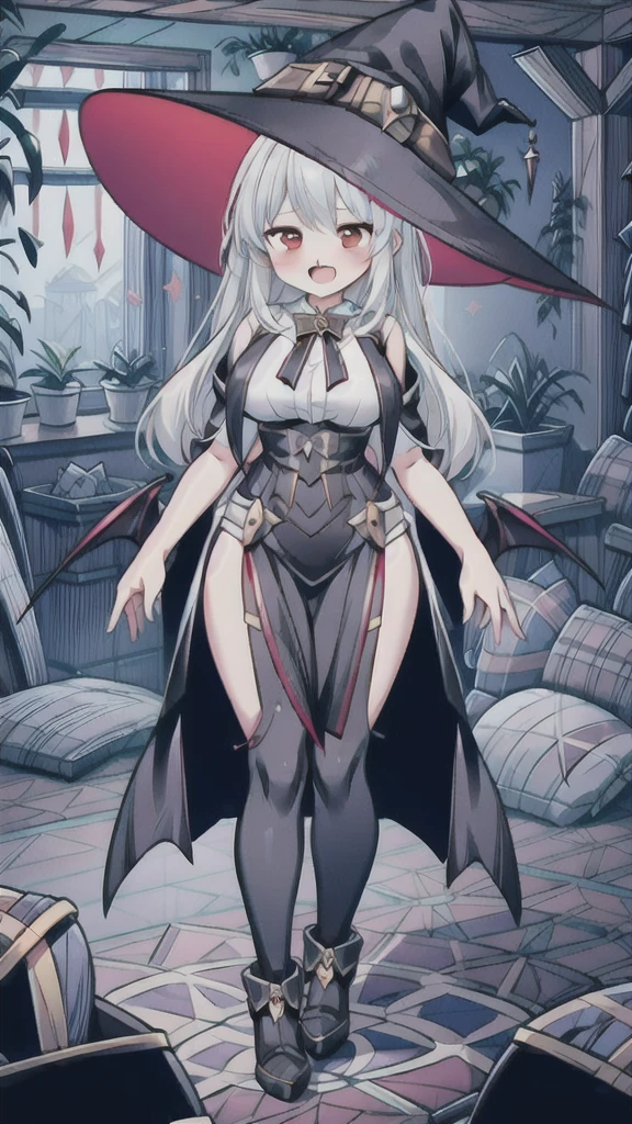 8K,  1girl, solo, sexy vampire witch, white long hair, lightning red eyes, showing fangs, bat wings, smile, (blush), (shy), looking at viewer,  dynamic angle, wind, game cg, fantastic scenery, big breast, show full body, magical girl, dungeons, summon, maho shojo, Gushing Over Magical Girls, white hair, red eyes, black witch hat, demon tail, long hair, big ass