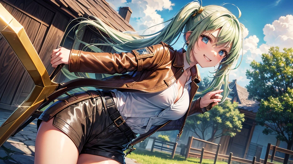 1girl, solo, village, houses, trees, sun, clouds, fantasy, medieval, ((pale green hair)), twintail, huge breasts, ((brown leather jacket)), brown leather shorts, ((leather clothes)), button down, ((white shirt)), ((unbuttoned shirt)), ((short sleeved shirt)), cleavage 1:3, blue eyes, skirt, grin, standing, hair clip, golden bow with arrows
