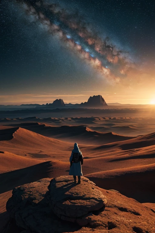 A lone figure standing in a vast, alien landscape with undulating terrain, facing a massive, glowing planet in the sky. The scene is bathed in soft, otherworldly light, creating a sense of wonder and solitude. The background features distant mountains and a star-filled night sky. Photorealistic, high detail, dramatic lighting, science fiction, epic, 9:16 aspect ratio.
