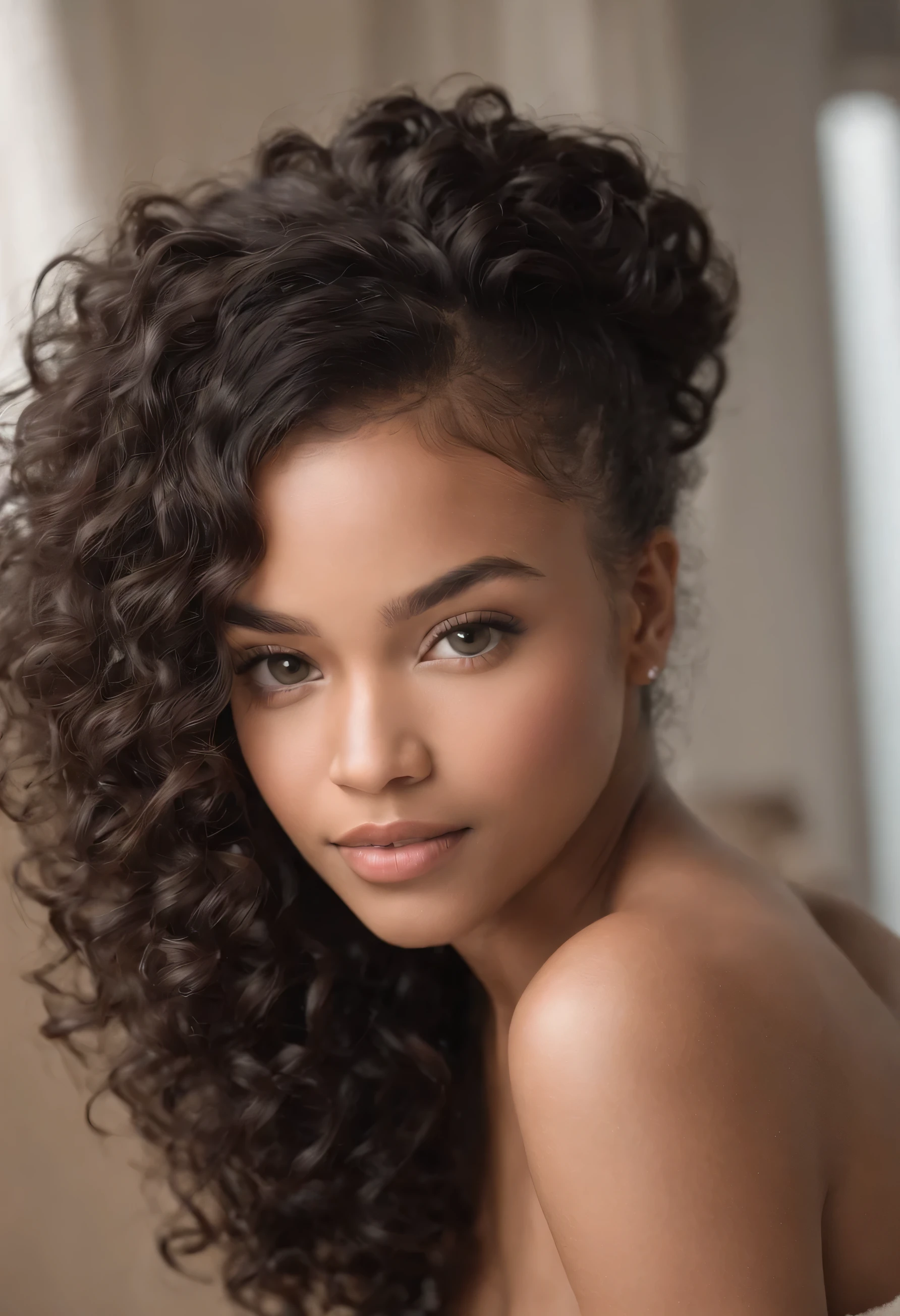 "Ultra-realistic image of a beautiful 19-year-old African-American girl, ,Caramel peel, corps parfait, Prendre un selfie dans la salle de bain avec son iPhone 14, maigre, Taille ultra-fine, cheveux noirs, African short curly hair , Piercing gray eyes.hyper-realistic，anatomie correcte，Facial features are carefully represented，Boucles gratuites, black curly hair, (Short, curly black hair), Long curly long wild black hair, cheveux multiversaux,  Short, curly black hair, black curly hair, Boucles, wavy hair spread out, Boucles baroques, boucles, Curly,Texture des cheveux, Curly bang